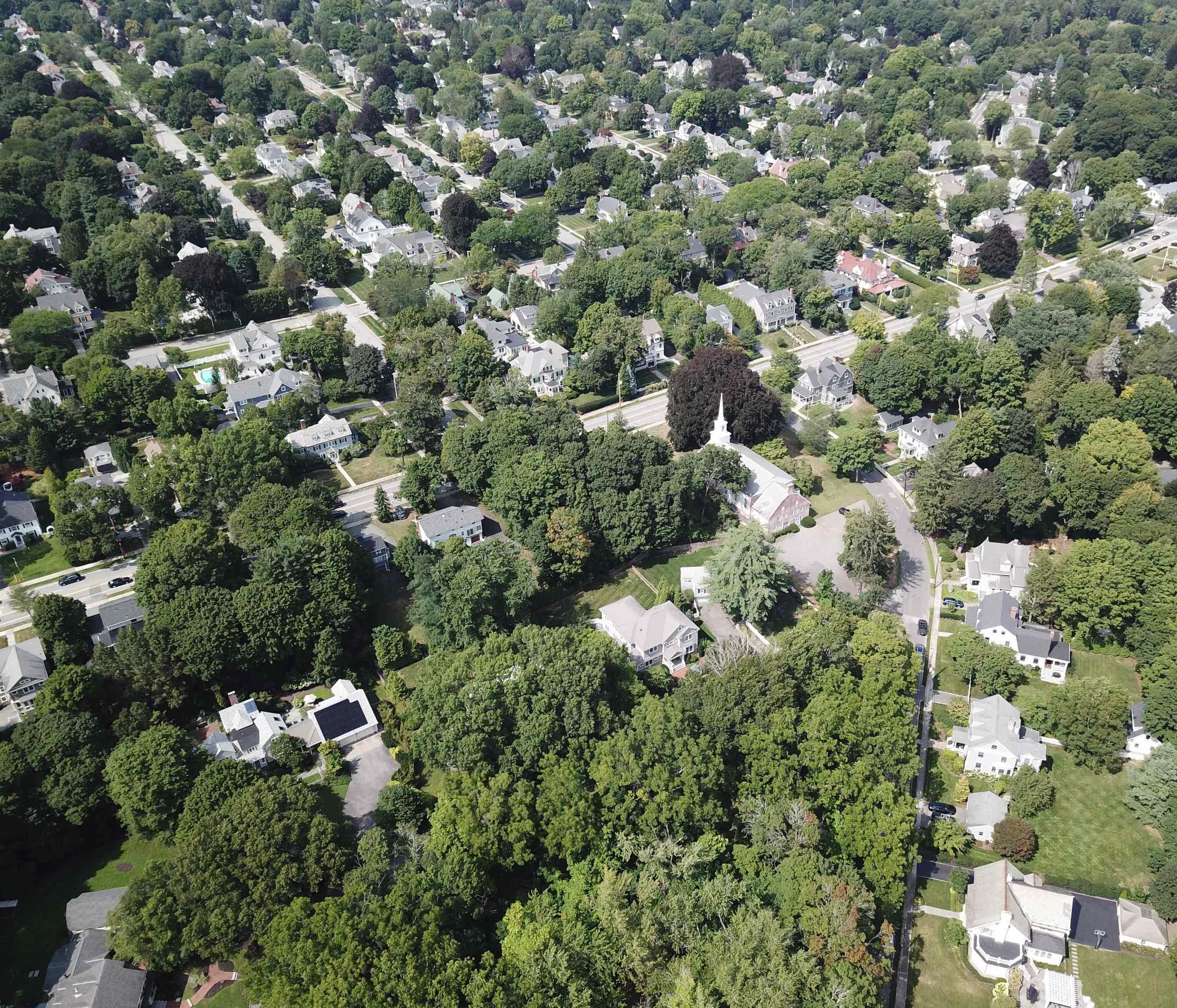 Drone photo of 114 Church Street and surroundings from above