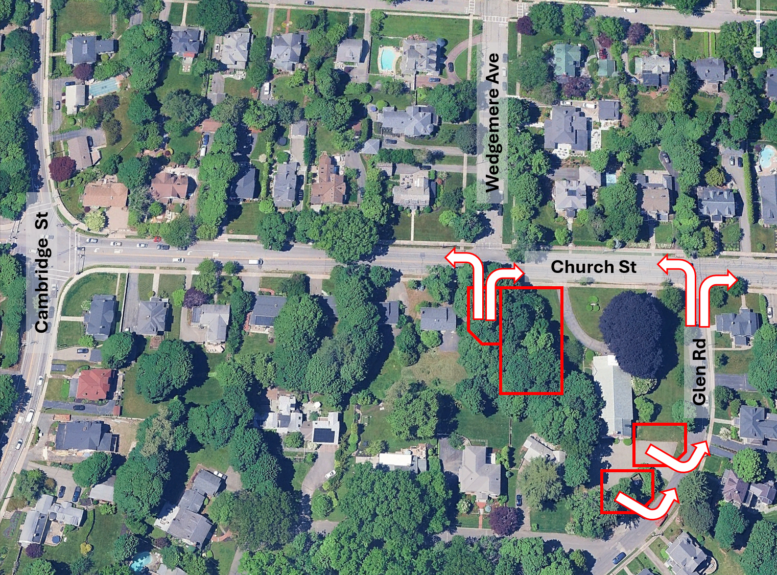 Aerial map marking the proposed underground garage exiting onto Church Street opposite Wedgemere Ave, and two parking lots exiting onto Glen Road