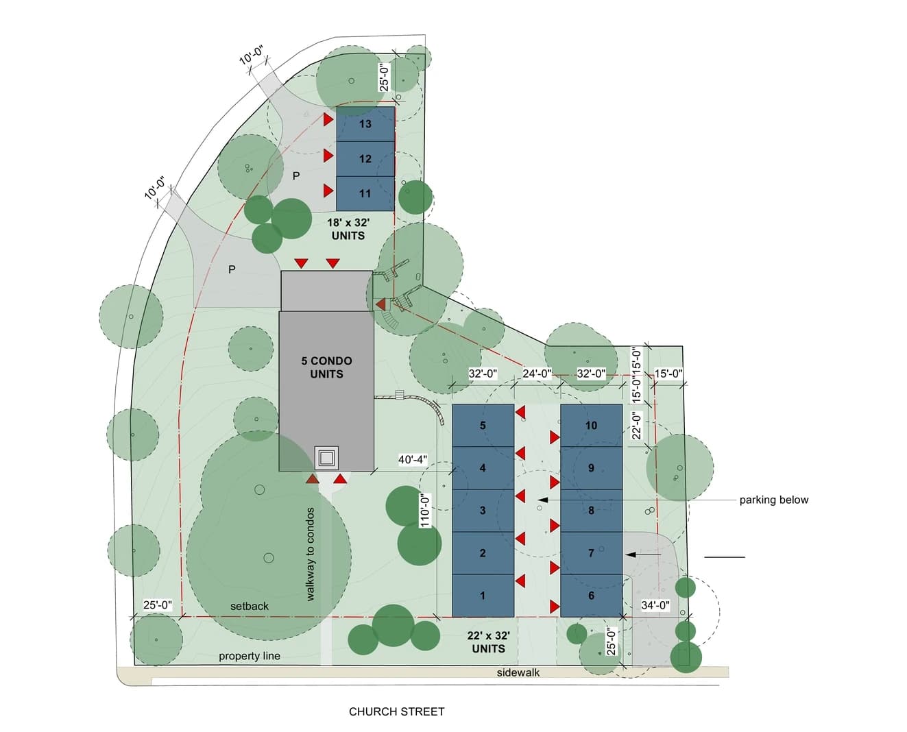 Developer's submitted site plan: 5 residential units in the adaptively-reused church plus 13 new townhouse units, with underground parking for the 10 townhouses nearest Church Street